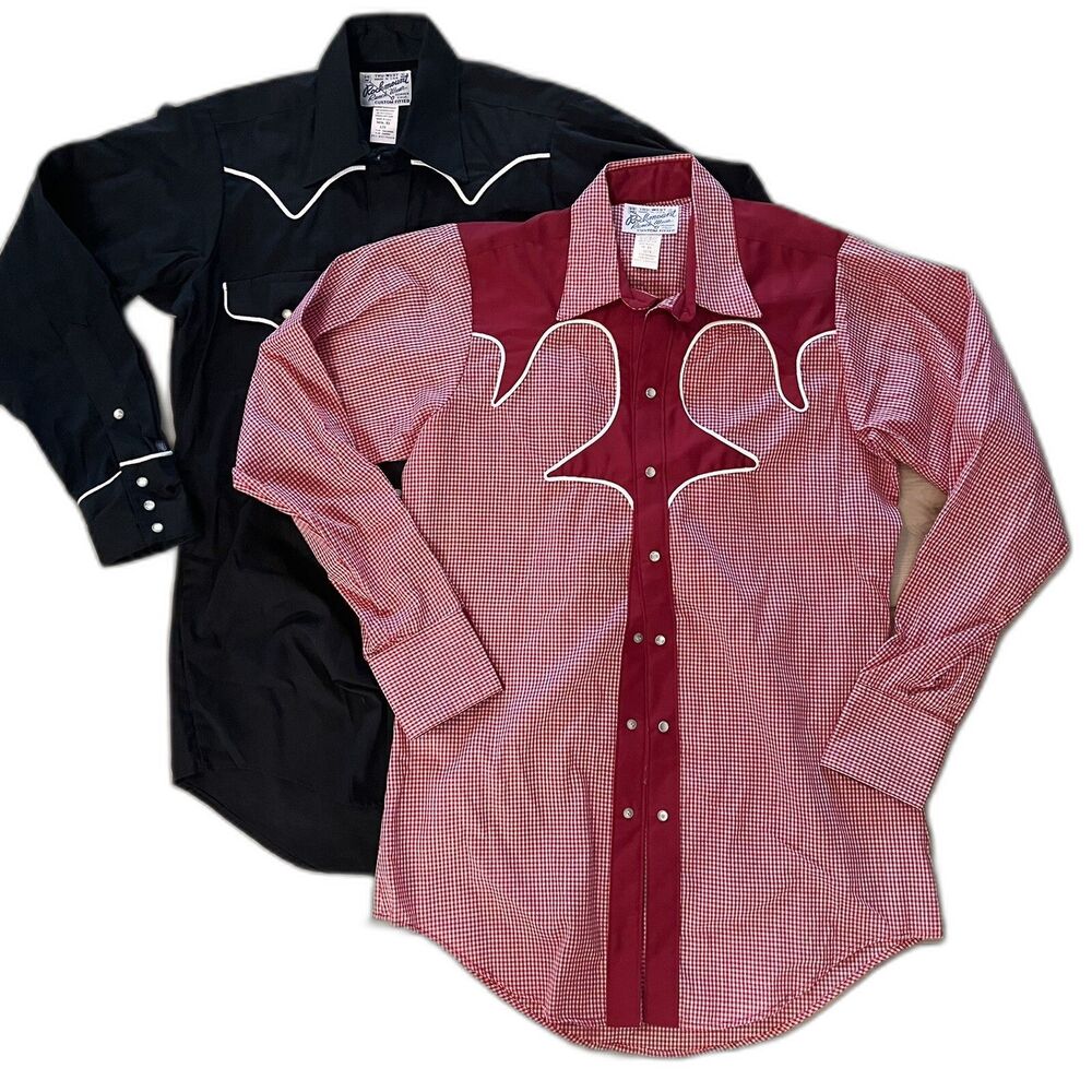 *Lot of 2* Vintage 70s Rockmount Ranch Wear Pearl Snap Shirt Black Red Sz 15-32